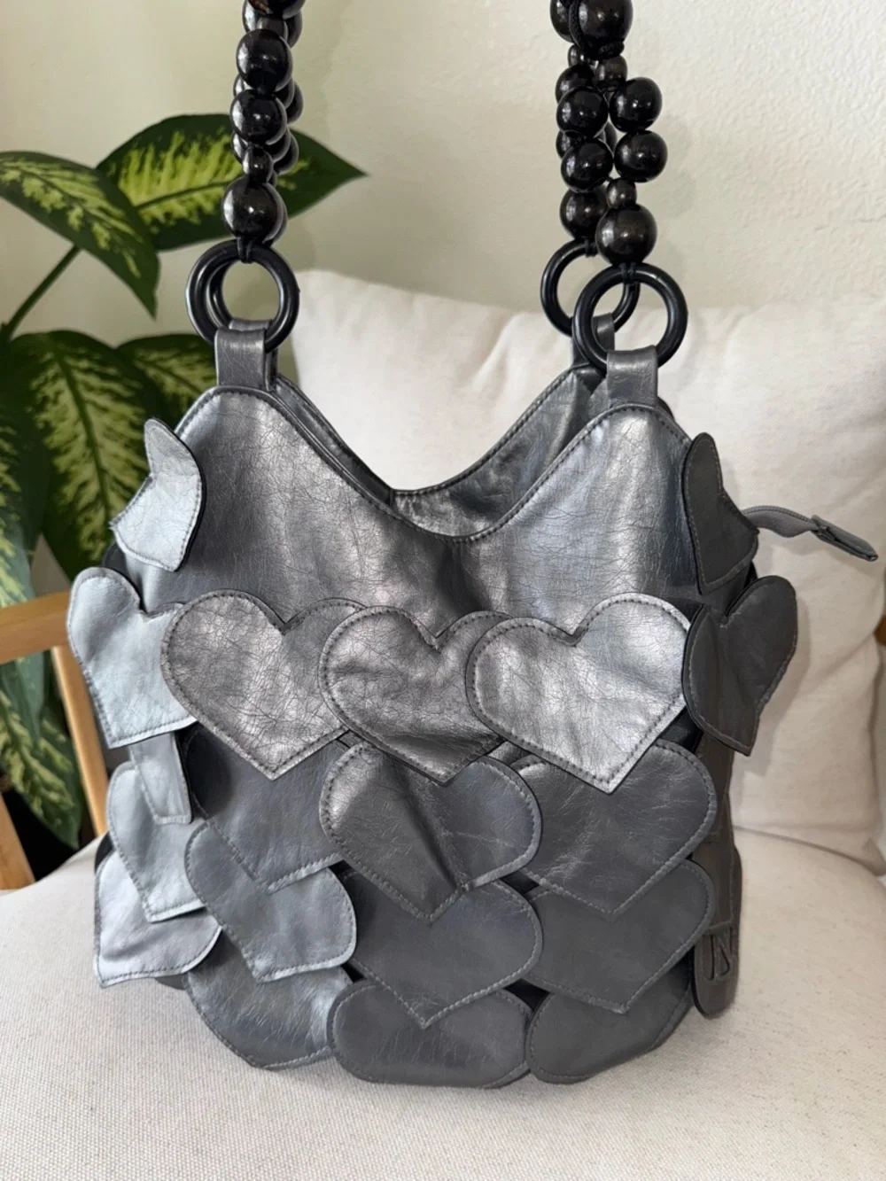RARE Gray Faux Leather Retro Groovy Hearts Flap Beaded Handle Shoulder Bag Purse
